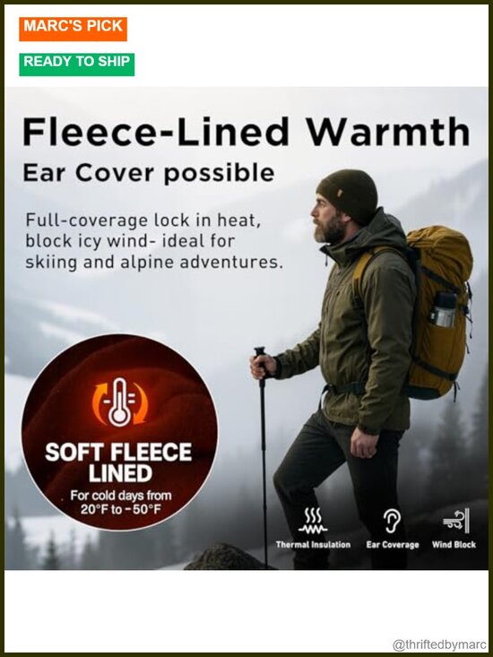 100% Merino Wool Fleece Lined Oversized Beanie Cuffed Watch Cap main image 4